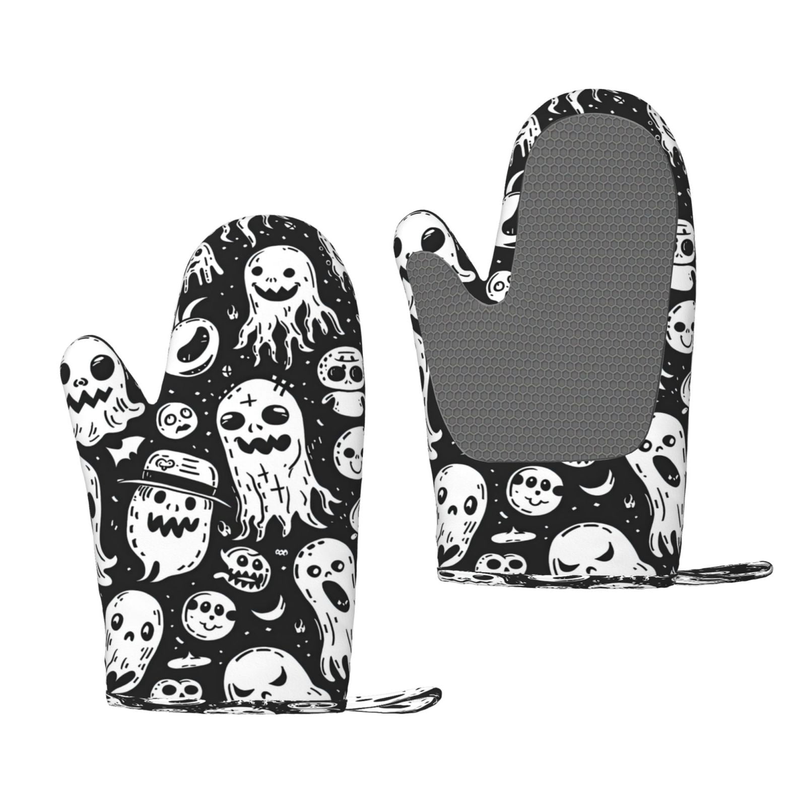 Hirioo Black White Spooky Ghosts for Silicone Oven Mitts for BBQ, Baking, Cooking, Set of 2, Heat Resistant 260℃, Non-Slip Kitchen Essentials