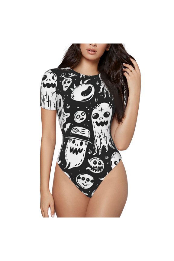 Black White Spooky Ghosts for Women's Round Neck Short-sleeved Onesie Basic Bodysuits-Medium