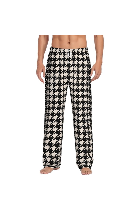Black and white houndstooth for Men's PJ Pajama Pants Sleep Pants Men's Home Trousers with Pockets,S-3XL-Small