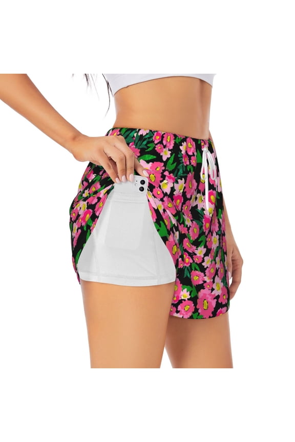 Blooming Meadow for Women's Double Layer Athletic Shorts High-Performance Gym Shorts with Inner Pocket, Elastic Waistband-Large