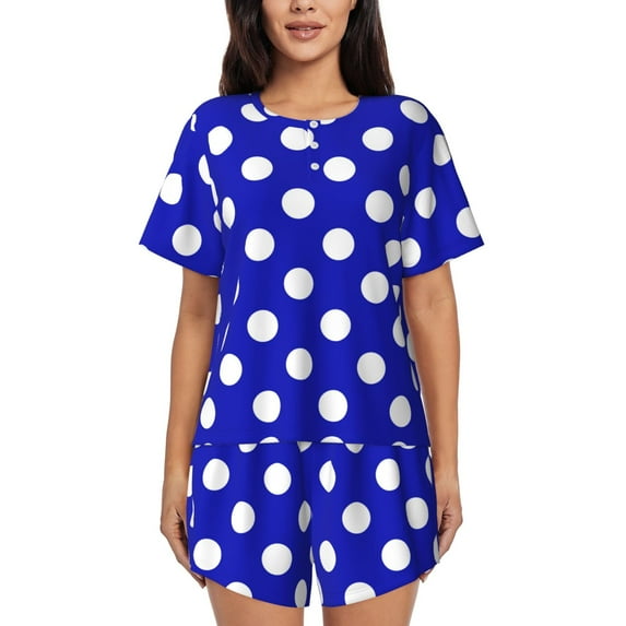Hirioo Blue And White Polka Dot for Women's 2 Piece Short-Sleeved Pajama PJ Sets for Women Shorts with Pockets Womens Lounge Set-Large