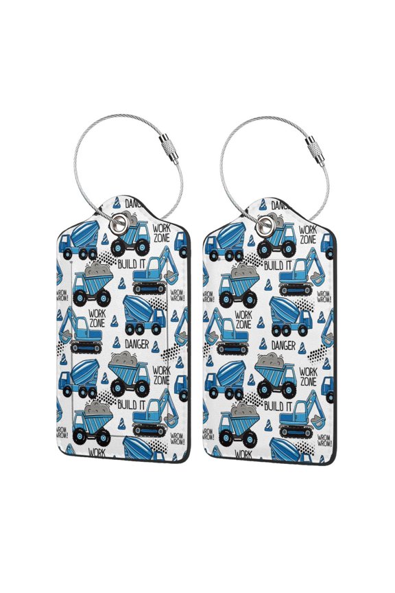Blue Excavator Print Leather Luggage Tag with Stainless Steel Loop ,Privacy Flap and Address Card for Travel Bag Suitcase-1
