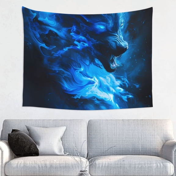 Hirioo Blue Fire Cool Wolf Print Tapestry Lightweight Fabric for Bedroom Aesthetic Home Wall Dorm Dcor Living Room Decor 29x37 Inch