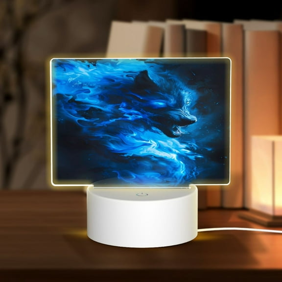 Hirioo Blue Fire Cool Wolf for Rectangular Acrylic with Night Light Best Gifts for Lover Girl Mom, Valentine's Day Anniversary Birthday Wedding Present