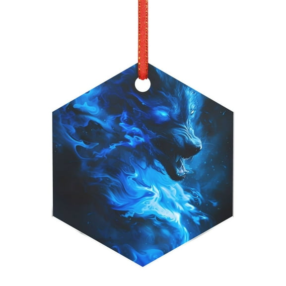 Hirioo Blue Fire Cool Wolf for Acrylic Christmas Pendant Hanging Christmas Tree Ornaments, Car, Home, Office Gift Decor-Hexagon