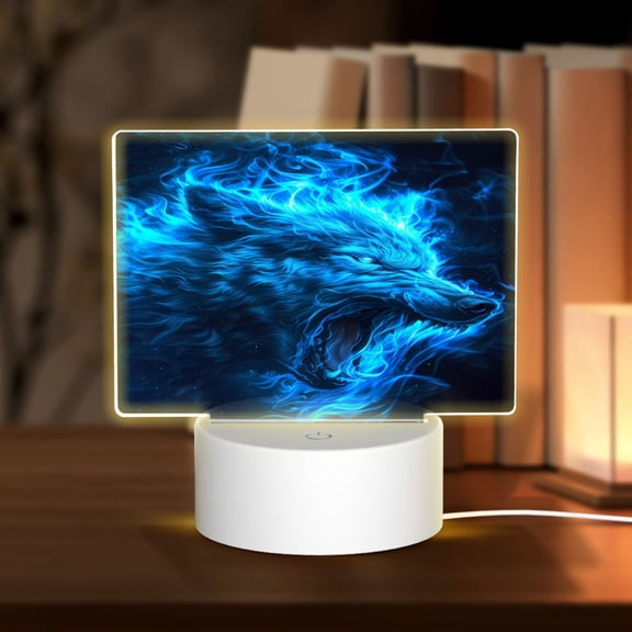 Hirioo Blue Fire Wolf for Rectangular Acrylic with Night Light Best Gifts for Lover Girl Mom, Valentine's Day Anniversary Birthday Wedding Present