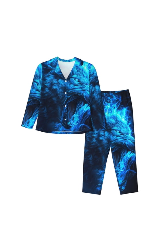 Blue Fire Wolf for Women's Pajama Sets 2 Piece Pjs Women's Long-Sleeved Pajama Set Button Down Sleepwear,S-XXL-