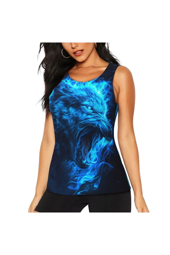 Blue Fire Wolf for Women's Workout Tank Top Sleeveless Workout Tops Athletic Gym Shirts-Small