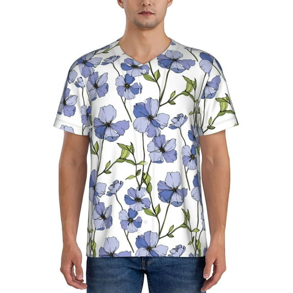 Hirioo Blue Flax Flowers for Men's Baseball T-shirt Shirts Short Sleeve Casual Summer Button Stretch T Shirts,Size S-4XL-XX-Large