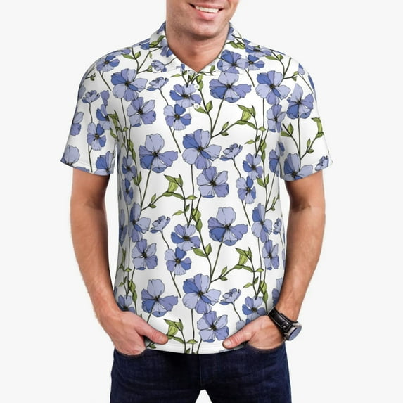 Hirioo Blue Flax Flowers for Men’s Polo Shirts Quick Dry Short Sleeve Golf T Shirt Performance Moisture Wicking Casual Workout,Sizes S-4XL-Large