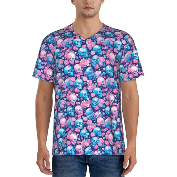 Hirioo Blue Flower Skull for Men's Baseball T-shirt Shirts Short Sleeve Casual Summer Button Stretch T Shirts,Size S-4XL-X-Large