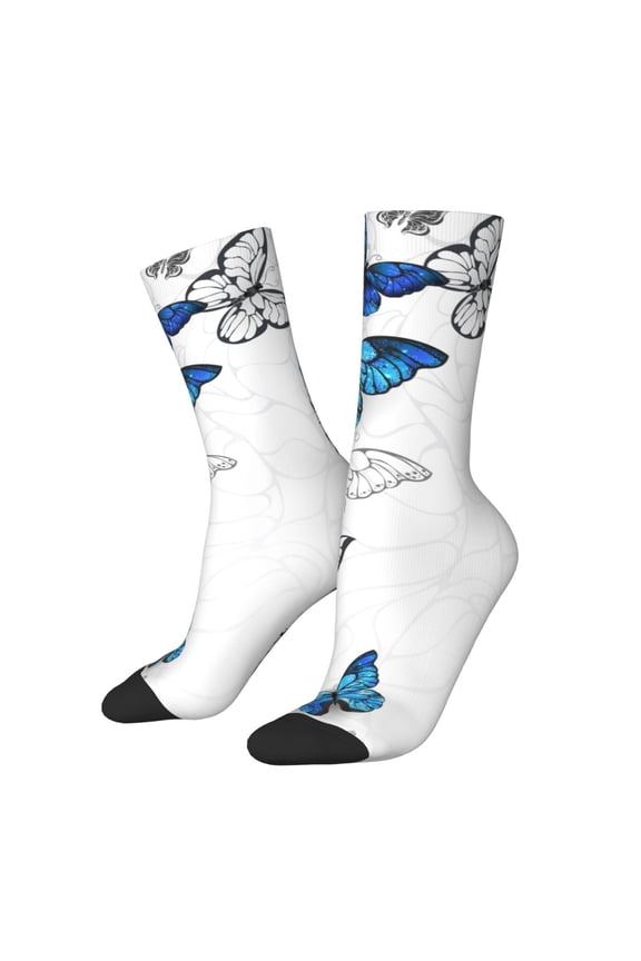 Blue Flying Butterflies Pattern Adult Middle Tube Socks Breathable Sock Non-Pilling,Contrasting Color Design