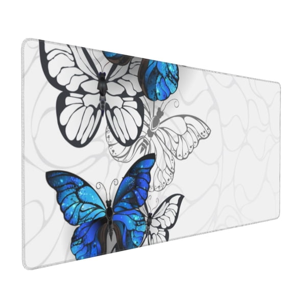 Hirioo Blue Flying Butterflies for Mouse Pad ,Anti-Slip Base, Durable Stitched Edges, Perfect for Gaming, Office, and Home Use,16x35.5in