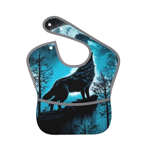 Hirioo Blue Full Moon Wolf for Baby Waterproof Pocket Bib Adjustable Closed for Babies Toddlers with Large Pocket 6-24Months