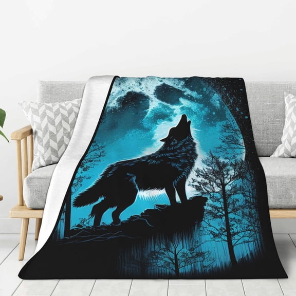 Hirioo Blue Full Moon Wolf for Flannel Blanket, Cozy and Warm Throw for Bed or Couch ,Perfect for All Seasons-40"x30"