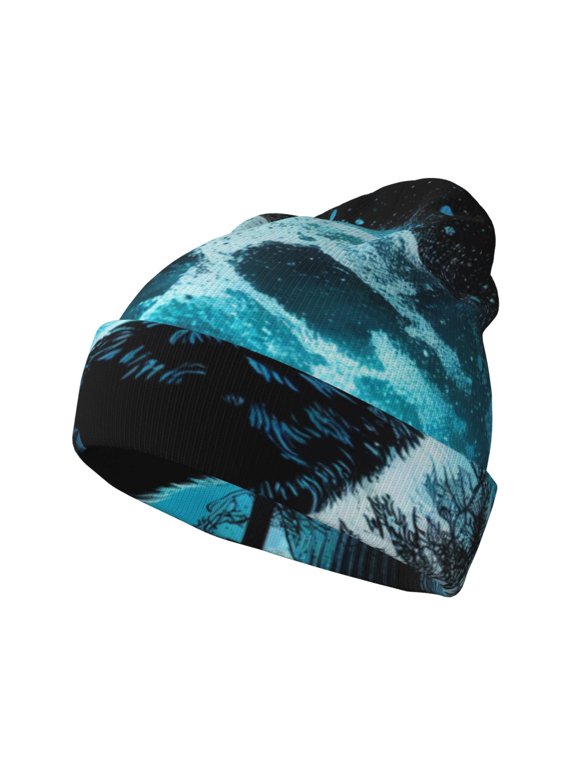 Blue Full Moon Wolf for Men's Knit Cuffed Beanie for Outdoor Activities Unisex