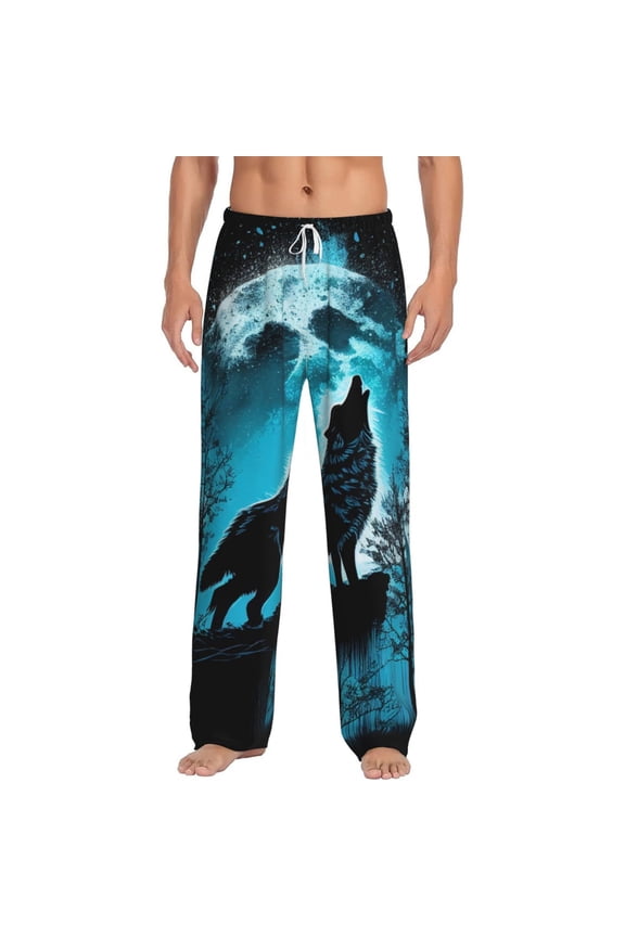 Blue Full Moon Wolf for Men's PJ Pajama Pants Sleep Pants Men's Home Trousers with Pockets,S-3XL-XX-Large