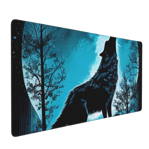 Hirioo Blue Full Moon Wolf for Mouse Pad ,Anti-Slip Base, Durable Stitched Edges, Perfect for Gaming, Office, and Home Use,16x35.5in