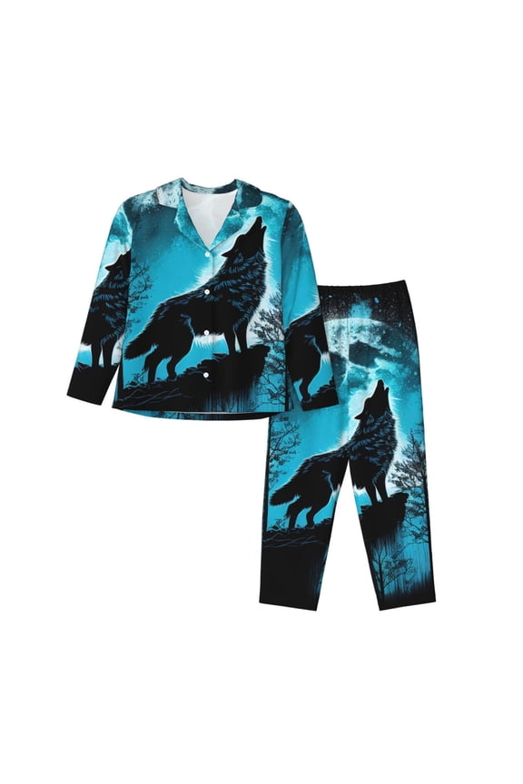 Blue Full Moon Wolf for Women's Pajama Sets 2 Piece Pjs Women's Long-Sleeved Pajama Set Button Down Sleepwear,S-XXL-Small