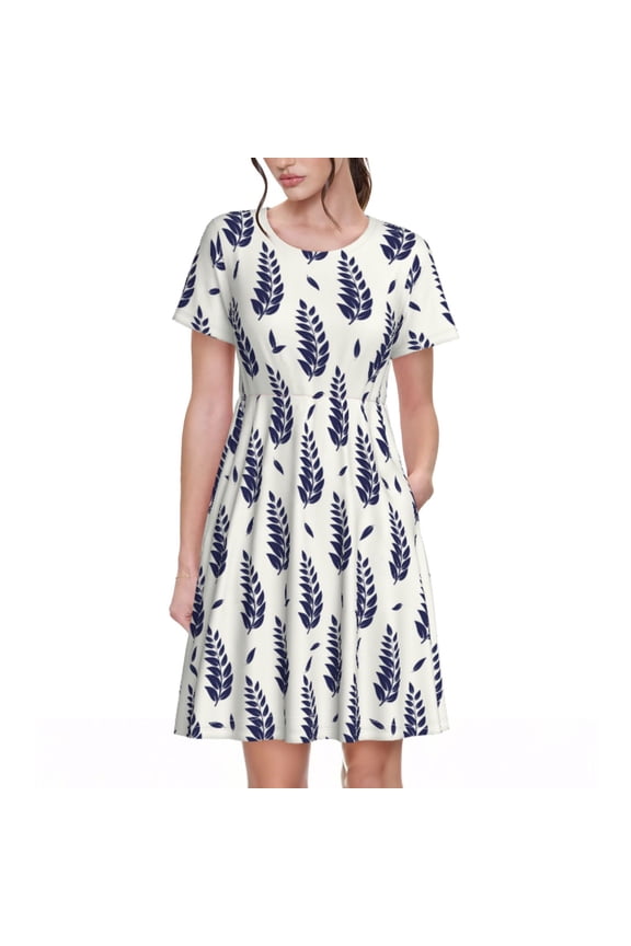 Blue Leaves for Short Sleeve Dress Women's Short Sleeve Dress with Pockets