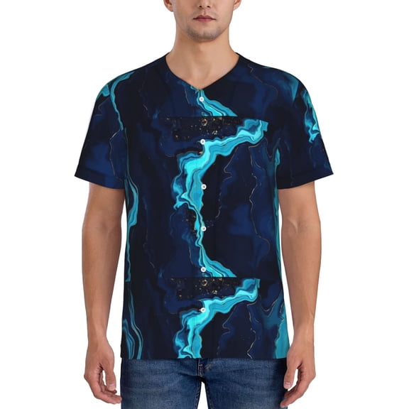 Hirioo Blue Marble And Gold for Men's Baseball T-shirt Shirts Short Sleeve Casual Summer Button Stretch T Shirts,Size S-4XL-X-Large