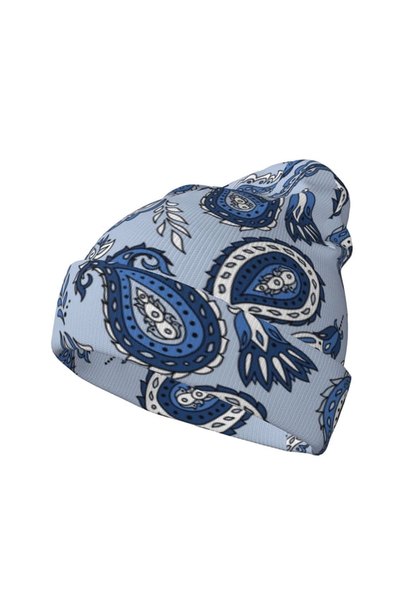 Blue Paisley Pattern Vintage for Men's Knit Cuffed Beanie for Outdoor Activities Unisex