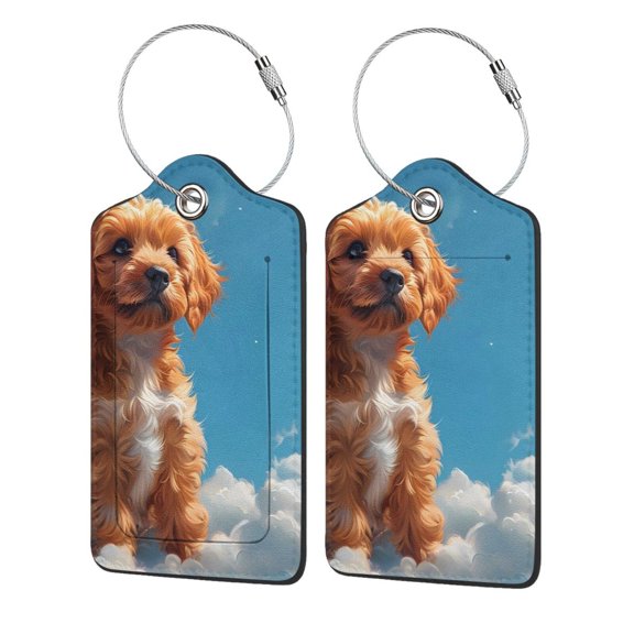 Hirioo Blue Sky Cloud Puppy Print Leather Luggage Tag with Stainless Steel Loop ,Privacy Flap and Address Card for Travel Bag Suitcase-2 PCS