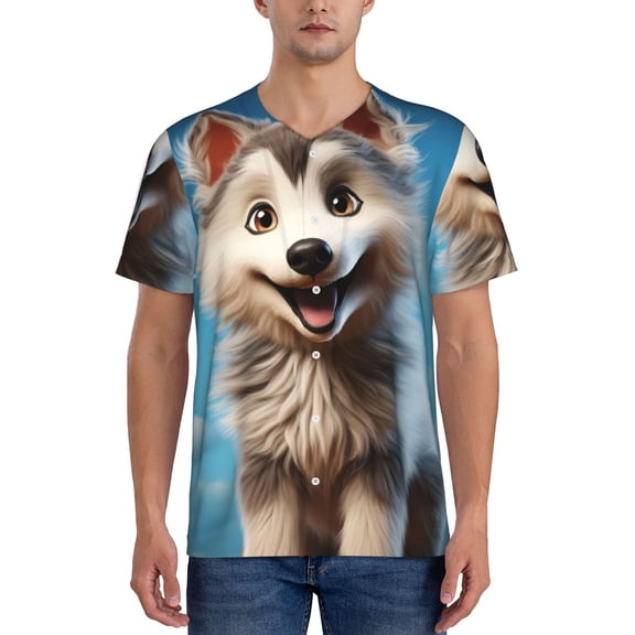 Hirioo Blue Sky Cute Wolf for Men's Baseball T-shirt Shirts Short Sleeve Casual Summer Button Stretch T Shirts,Size S-4XL-Medium