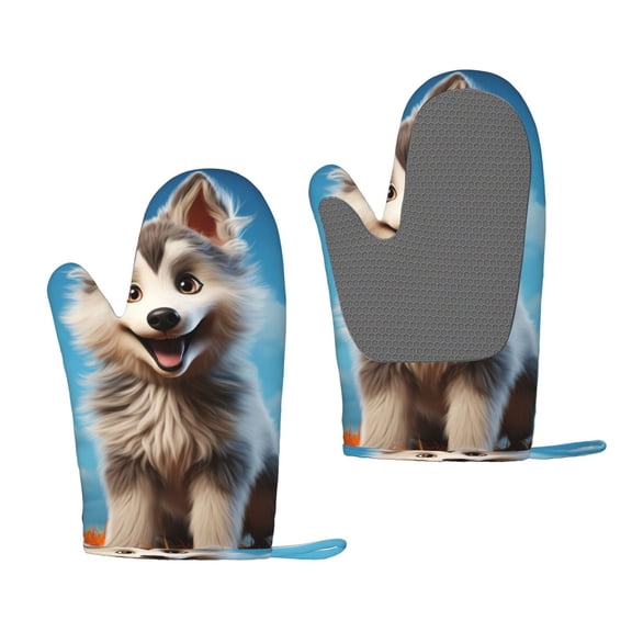 Hirioo Blue Sky Cute Wolf for Silicone Oven Mitts for BBQ, Baking, Cooking, Set of 2, Heat Resistant 260, Non-Slip Kitchen Essentials