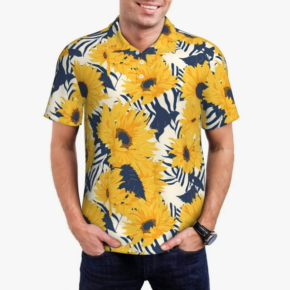 Hirioo Blue Striped Sunflower for Men’s Polo Shirts Quick Dry Short Sleeve Golf T Shirt Performance Moisture Wicking Casual Workout,Sizes S-4XL-4X-Large