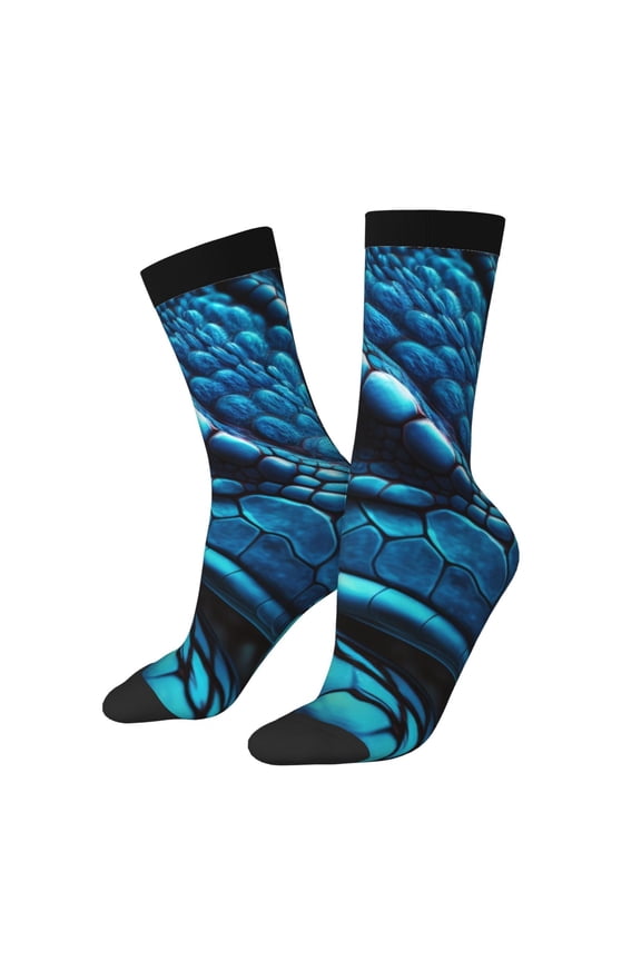 Blue Viper Snake Closeup Face Pattern Adult Middle Tube Socks Breathable Sock Non-Pilling,Contrasting Color Design