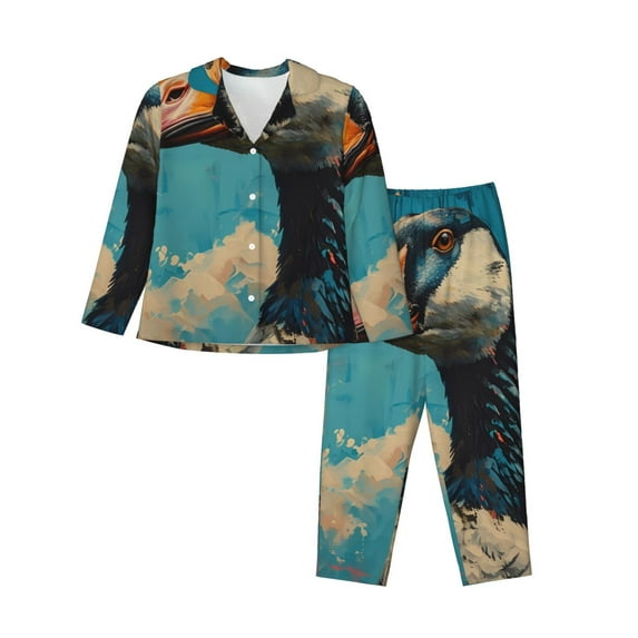 Hirioo Blue Watercolor Duck for Women's Pajama Sets 2 Piece Pjs Women's Long-Sleeved Pajama Set Button Down Sleepwear,S-XXL-Medium