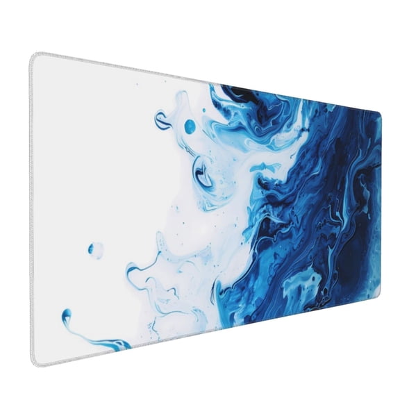 Hirioo Blue White Fluid Art for Mouse Pad ,Anti-Slip Base, Durable Stitched Edges, Perfect for Gaming, Office, and Home Use,16x35.5in
