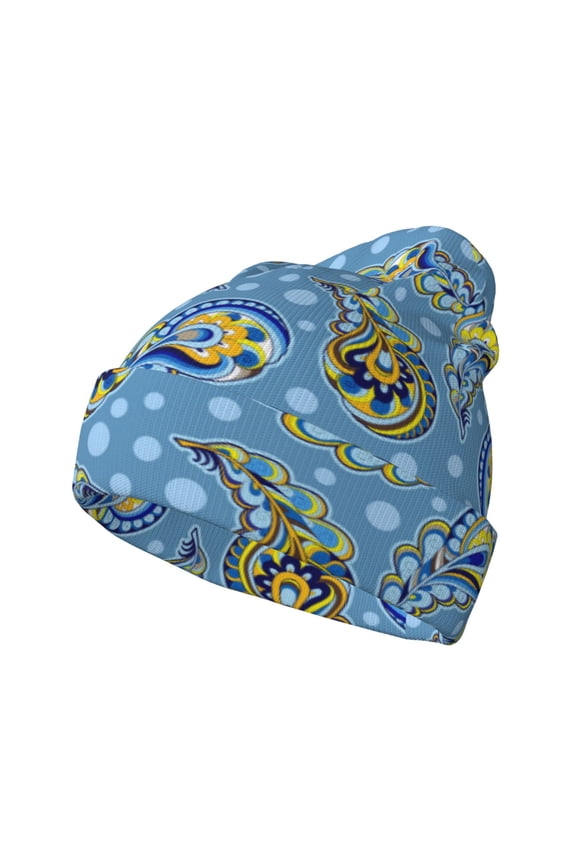 Blue paisley pattern for Men's Knit Cuffed Beanie for Outdoor Activities Unisex