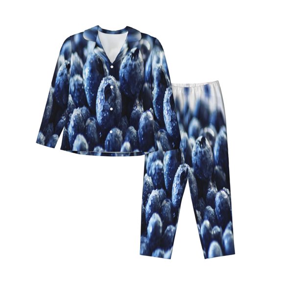 Hirioo Blueberry for Women's Pajama Sets 2 Piece Pjs Women's Long-Sleeved Pajama Set Button Down Sleepwear,S-XXL-Large