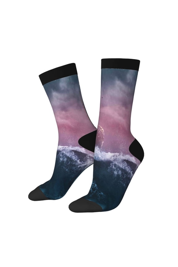 Boat Lighthouse Storm Waves Pattern Adult Middle Tube Socks Breathable Sock Non-Pilling,Contrasting Color Design