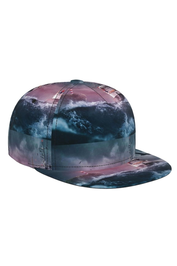 Boat Lighthouse Storm Waves for Baseball Cap Men Cap Flat Brim for Men Women Teens Adjustable Baseball Cap