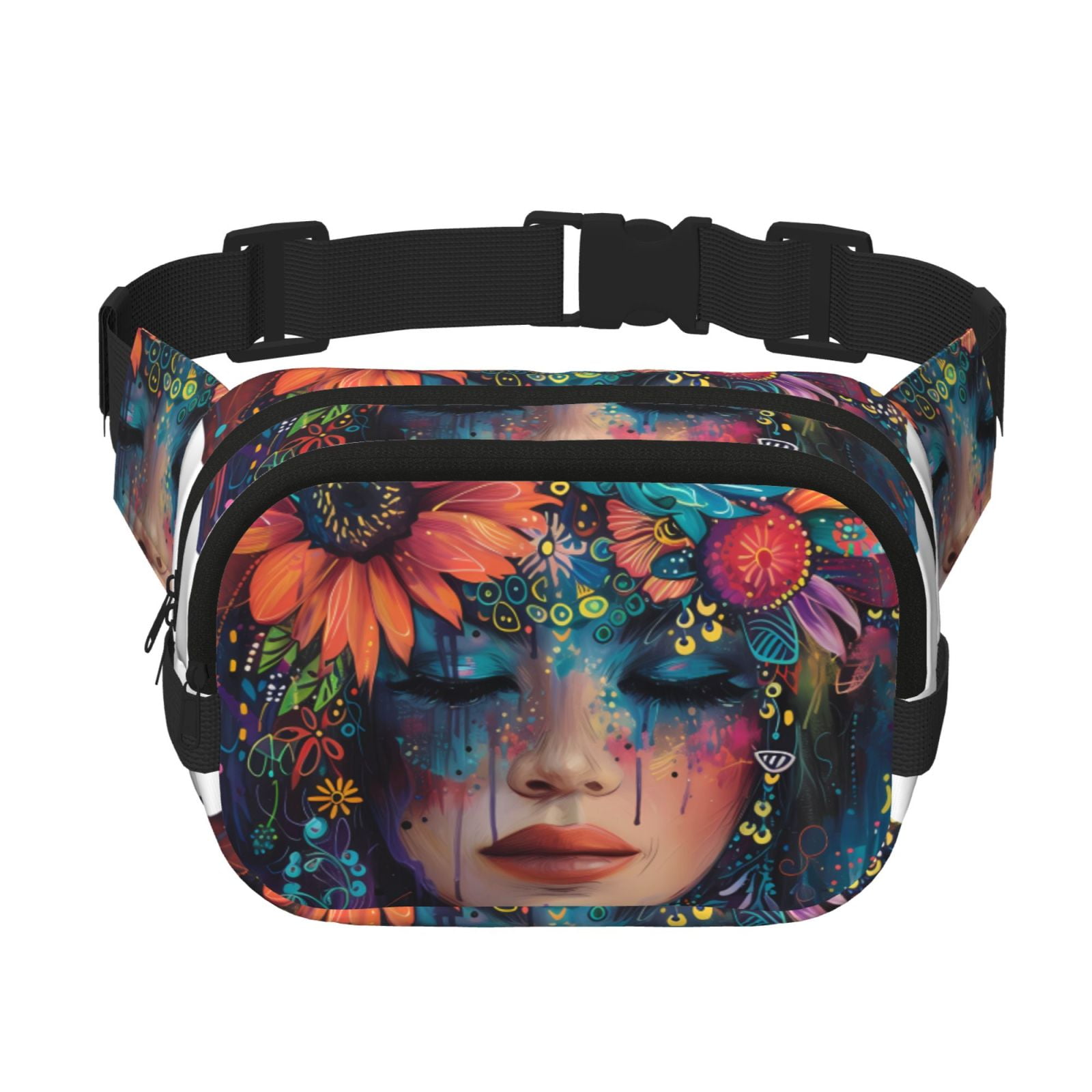 Hirioo Bohemian Colorful Flower Woman for Double Layer Waist Bag Adjustable Fanny Pack For Travel Running Hiking