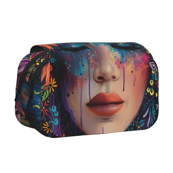 Hirioo Bohemian Colorful Flower Woman for Large Grid Mesh Pencil Case with Zipper Stationery Organizer Case