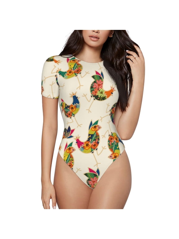 Boho Chicken for Women's Round Neck Short-sleeved Onesie Basic Bodysuits-Small