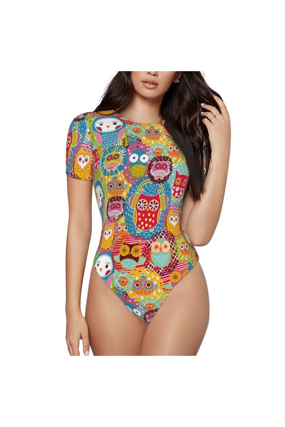 Boho Cute Owls for Women's Round Neck Short-sleeved Onesie Basic Bodysuits-Small