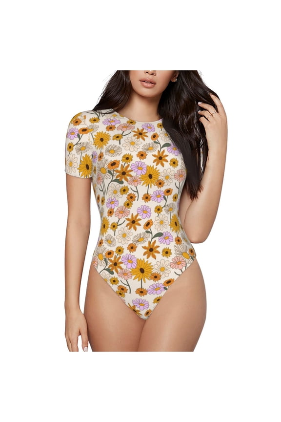 Boho Flowers for Women's Round Neck Short-sleeved Onesie Basic Bodysuits-Small