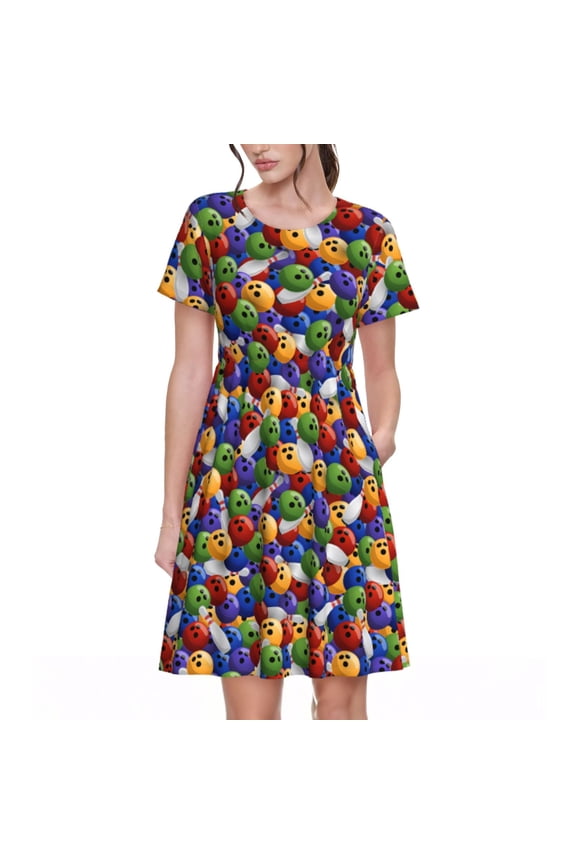 Bowling Colorful for Short Sleeve Dress Women's Short Sleeve Dress with Pockets