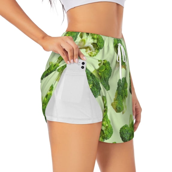 Hirioo Broccoli 3 for Women's Double Layer Athletic Shorts High-Performance Gym Shorts with Inner Pocket, Elastic Waistband-Small