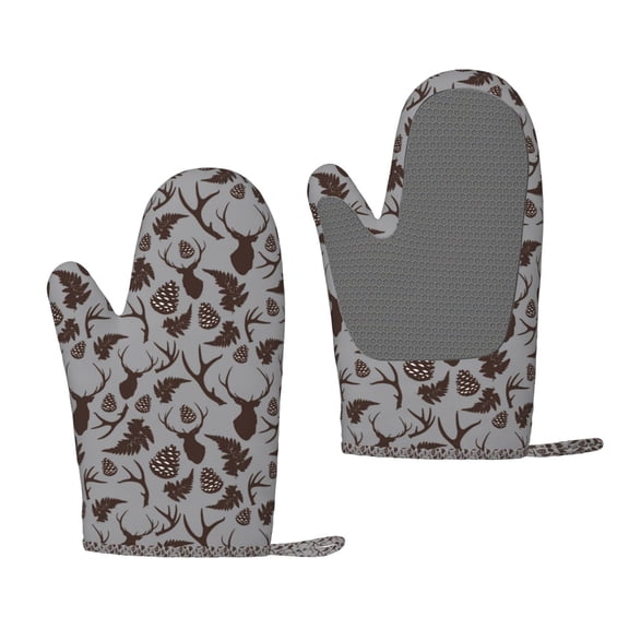 Hirioo Brown Moose with Pinecones for Silicone Oven Mitts for BBQ, Baking, Cooking, Set of 2, Heat Resistant 260, Non-Slip Kitchen Essentials