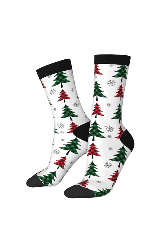 Buffalo Plaid Christmas Trees Pattern Adult Middle Tube Socks Breathable Sock Non-Pilling,Contrasting Color Design