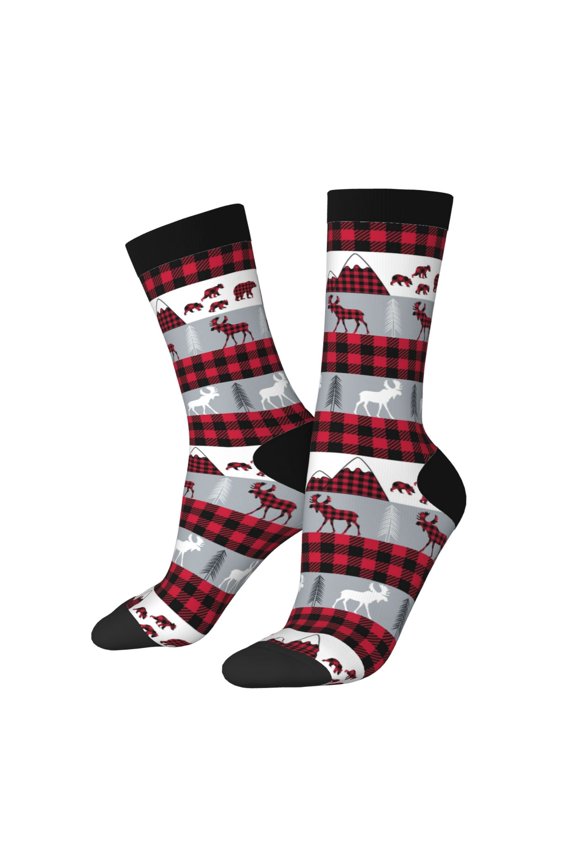 Buffalo Plaid Forest Pattern Adult Middle Tube Socks Breathable Sock Non-Pilling,Contrasting Color Design