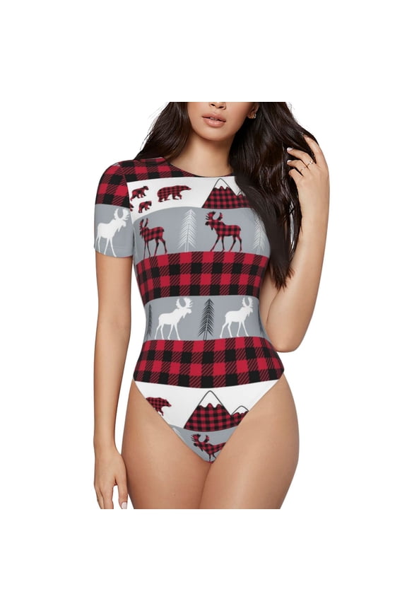 Buffalo Plaid Forest for Women's Round Neck Short-sleeved Onesie Basic Bodysuits-Large
