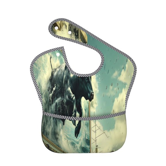 Hirioo Bull Charging Through Waves for Baby Waterproof Pocket Bib Adjustable Closed for Babies Toddlers with Large Pocket 6-24Months