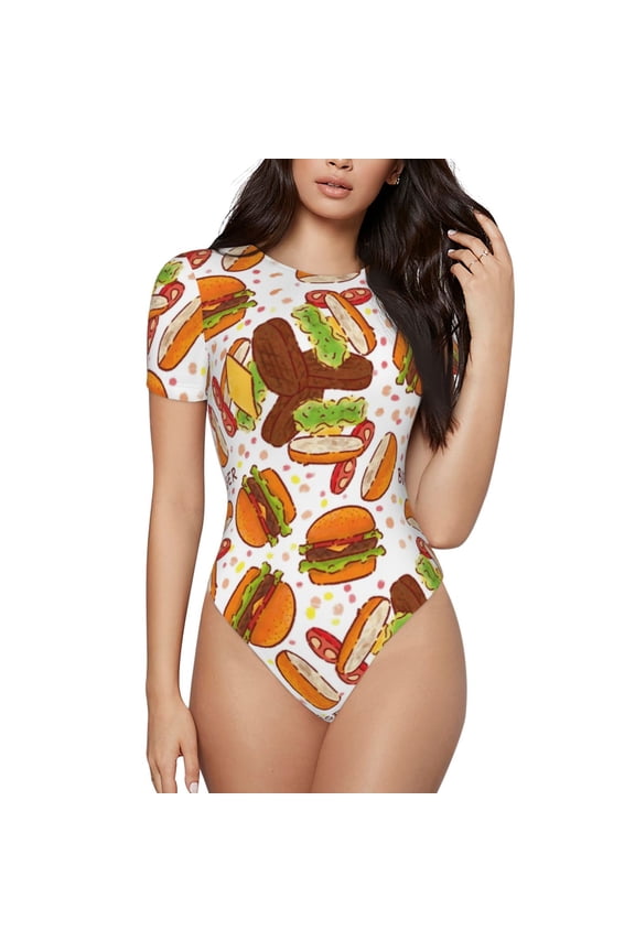 Burger for Women's Round Neck Short-sleeved Onesie Basic Bodysuits-X-Large